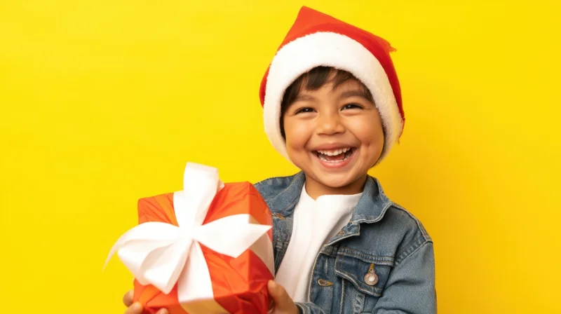 Child wearing santa hat holding wrapped gift against yellow background