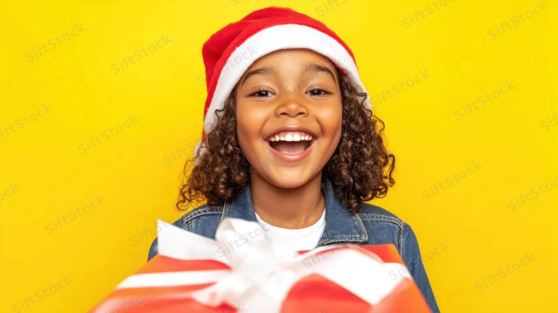 Child wearing santa hat smiling widely while holding wrapped gift against yellow background
