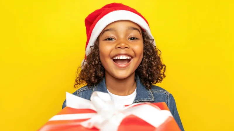 Child wearing santa hat smiling widely while holding wrapped gift against yellow background