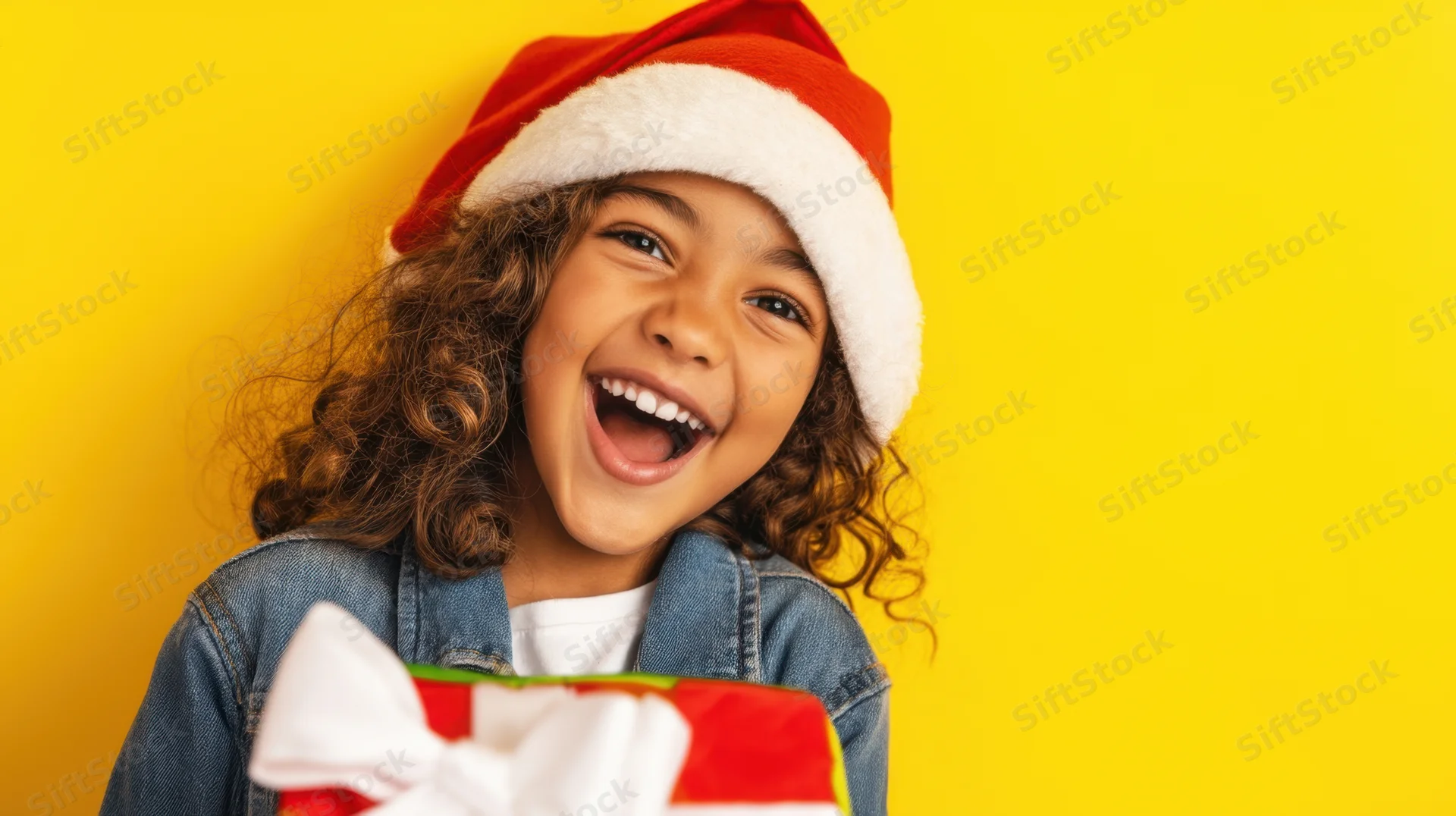 Child wearing santa hat smiling widely holding wrapped gift against yellow background