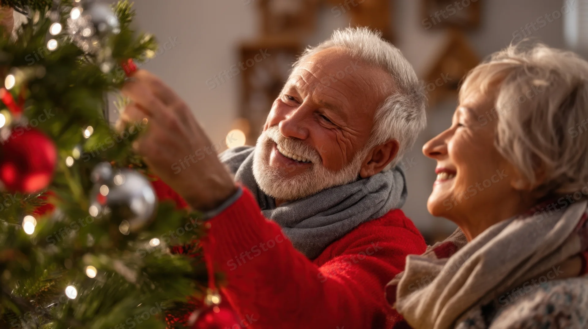 Elderly couple decorating christmas tree together in warm home interior