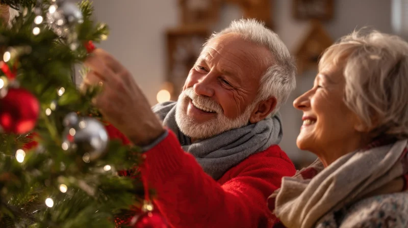 Elderly couple decorating christmas tree together in warm home interior