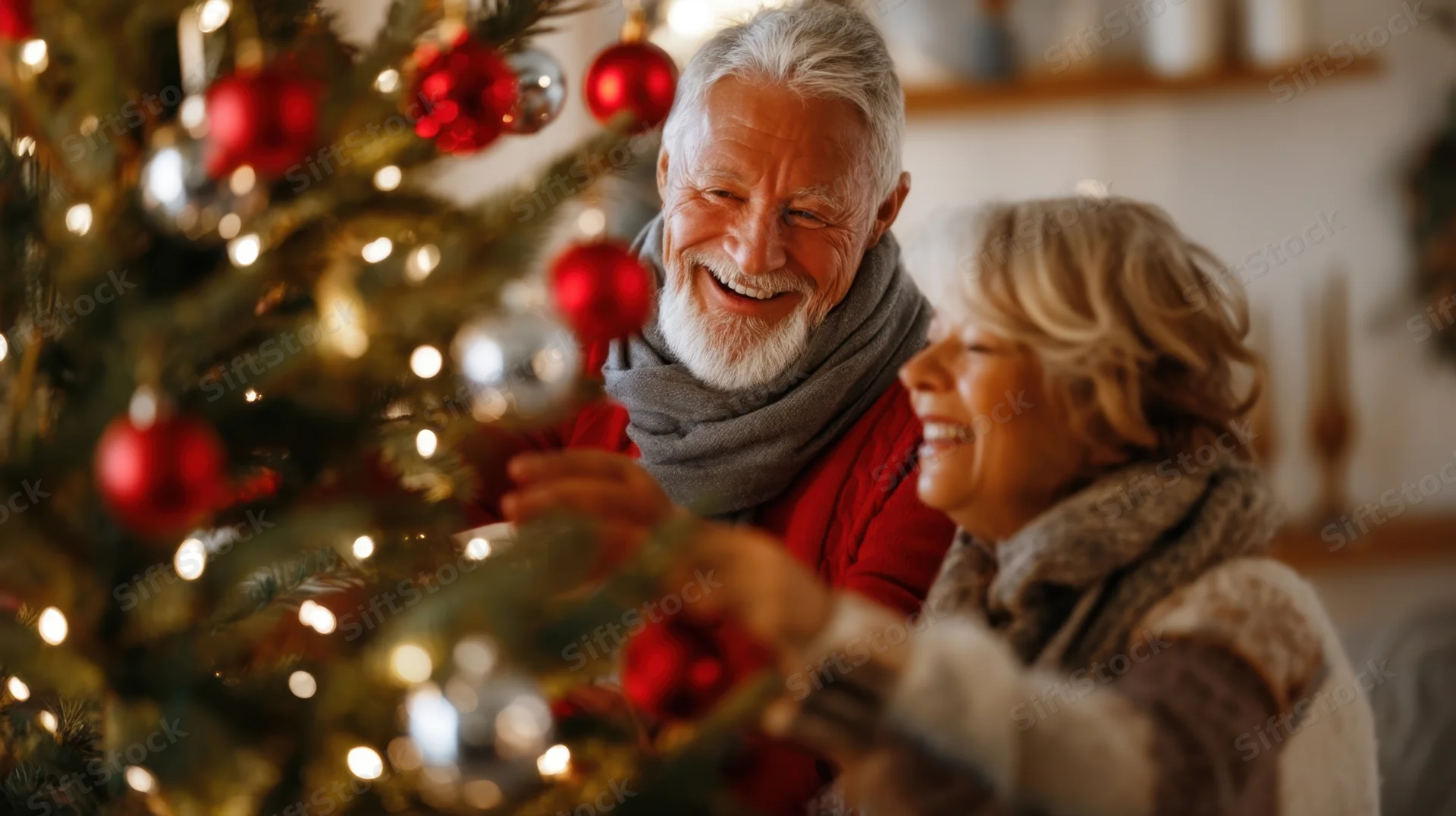 Elderly couple decorating a christmas tree together in a cozy home interior