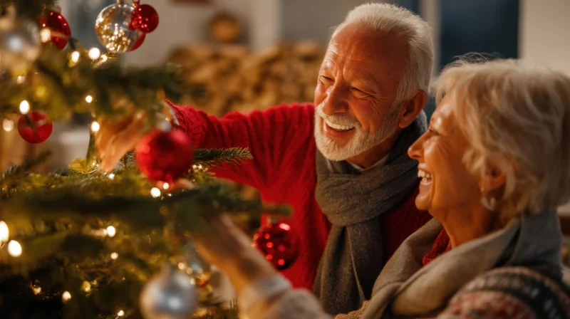 Elderly couple decorating a christmas tree together in a warm home interior