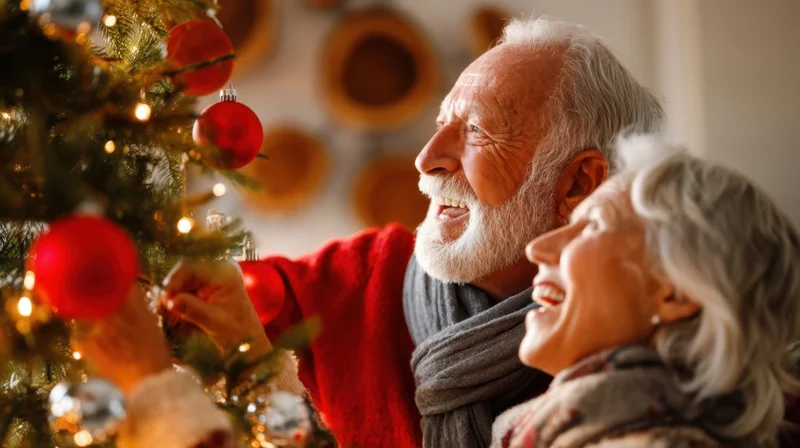 Elderly couple smiling while decorating a christmas tree together in a cozy home interior