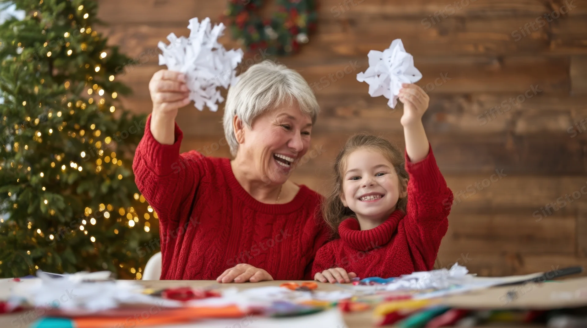 Grandmother and granddaughter holding up handmade paper snowflakes at a crafting table near a christmas tree