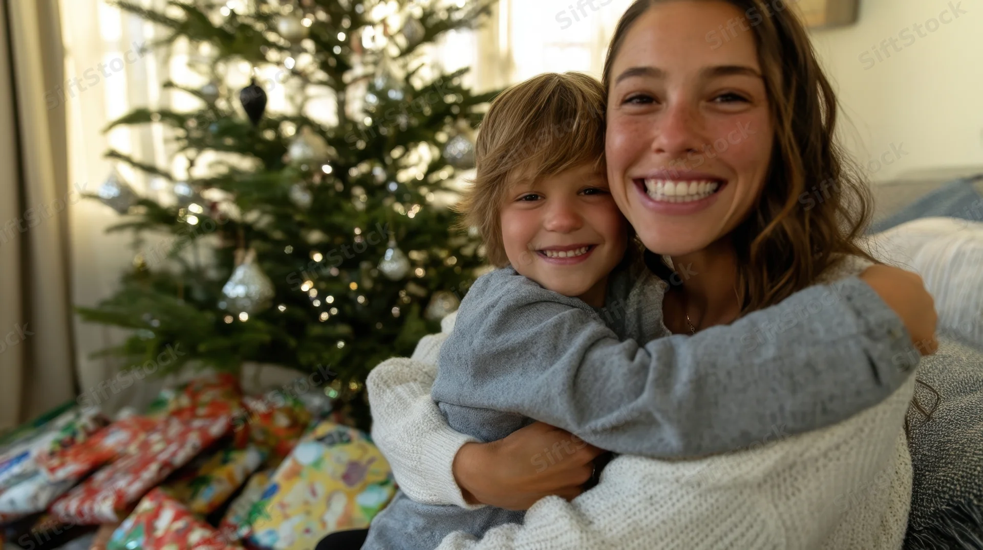Mother hugging child in front of decorated christmas tree with gifts nearby