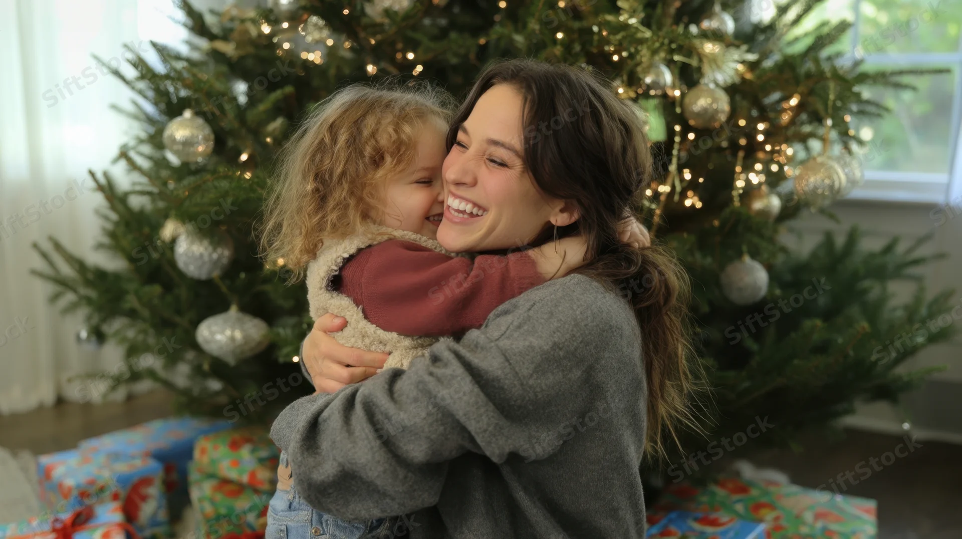 Mother hugging child in front of decorated christmas tree with gifts around