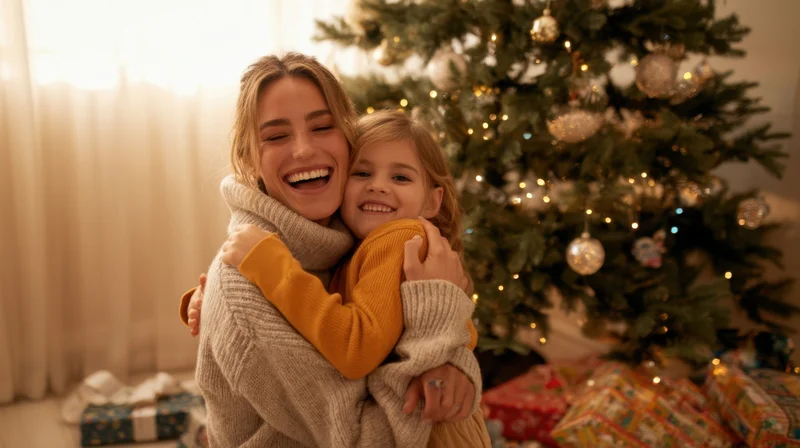 Mother and child hugging joyfully in front of a decorated christmas tree with gifts around them