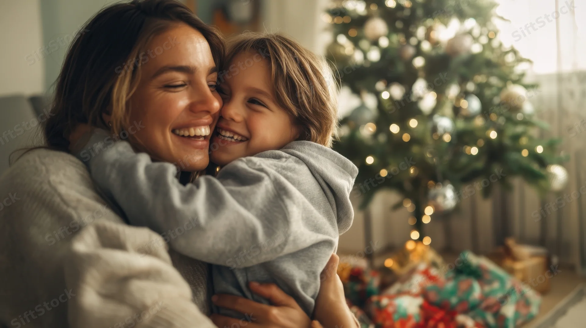 Mother and child hugging in front of a decorated christmas tree in a living room
