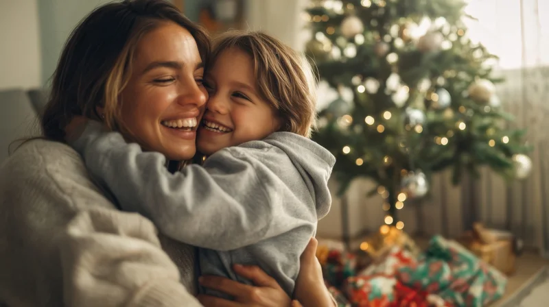 Mother and child hugging in front of a decorated christmas tree in a living room