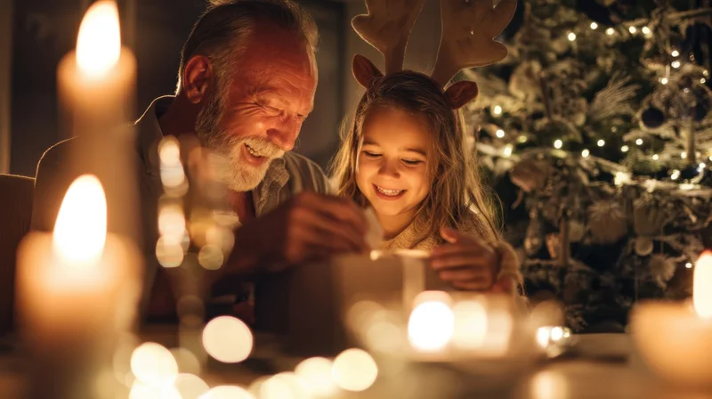 Grandfather and granddaughter smiling while wrapping a gift together near a lit christmas tree at home