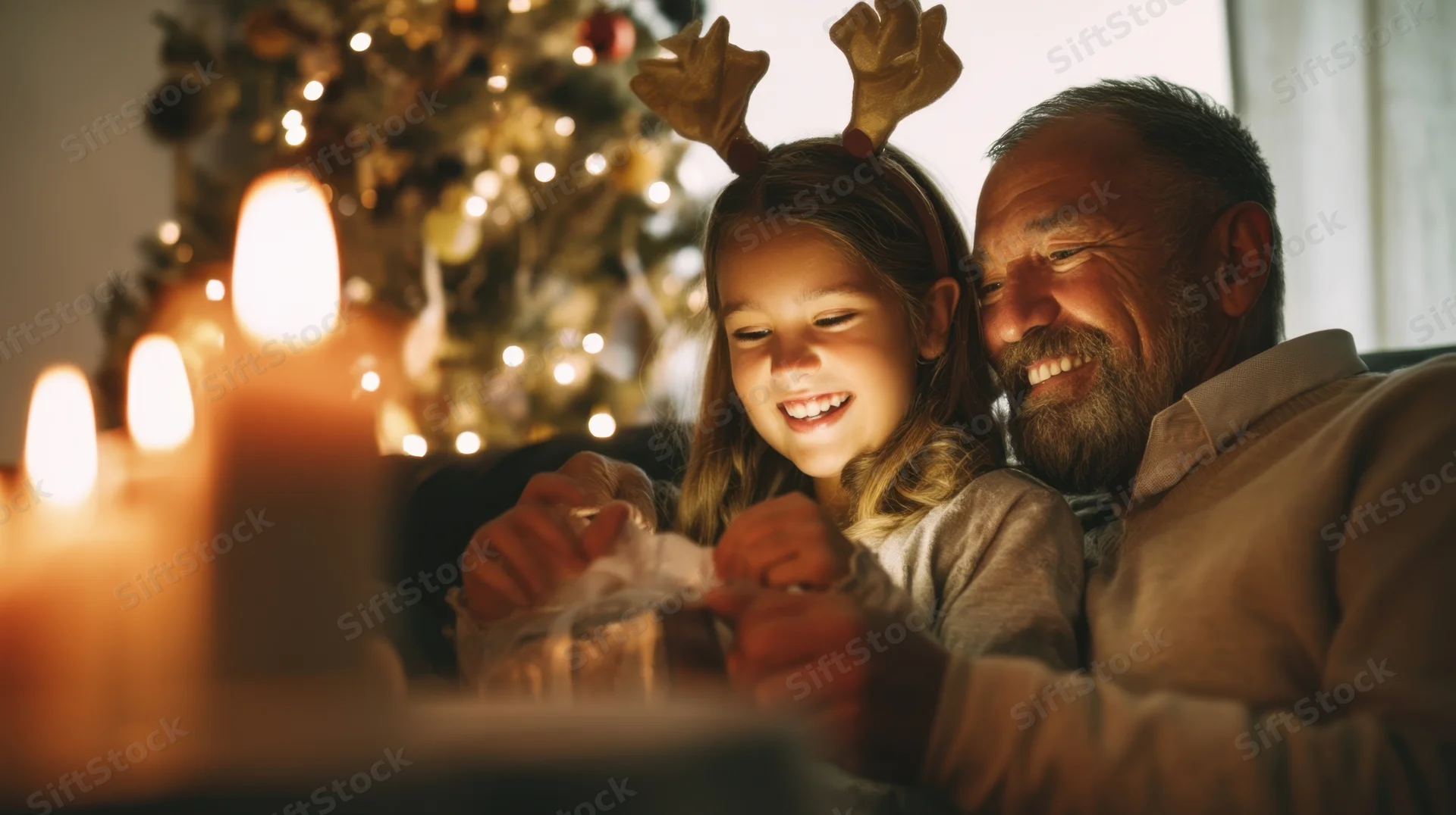 Grandfather and granddaughter smiling while wrapping a gift together in front of a lit christmas tree at home