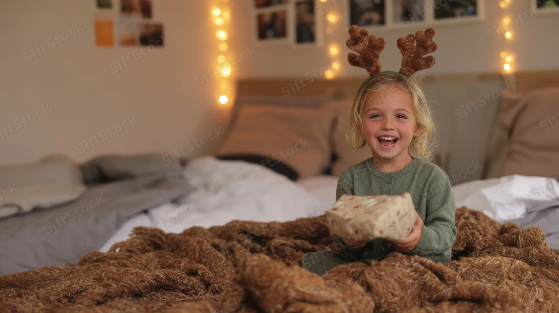 Young girl with reindeer antlers holding a gift on a cozy bed