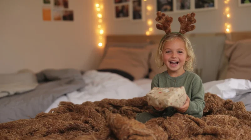Young girl with reindeer antlers holding a gift on a cozy bed