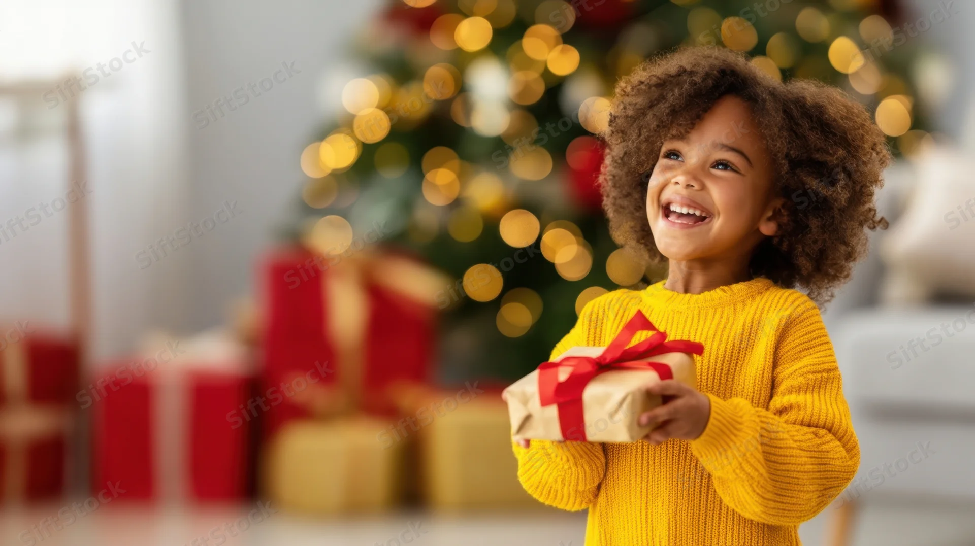Young girl smiling while holding a wrapped gift in front of a decorated christmas tree indoors