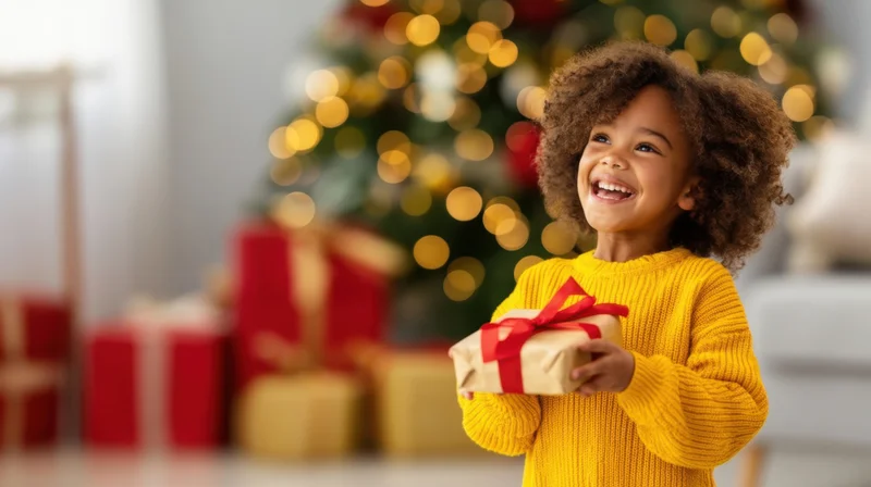 Young girl smiling while holding a wrapped gift in front of a decorated christmas tree indoors