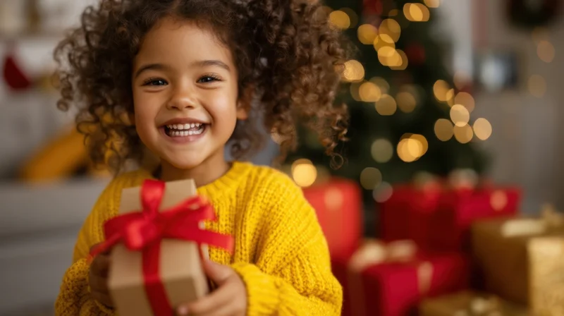 Young girl smiling while holding a wrapped gift in front of a decorated christmas tree indoors