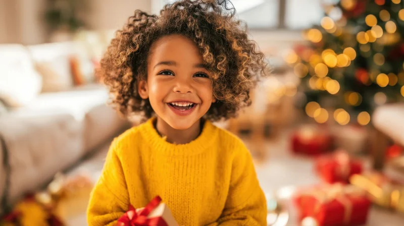Young girl smiling while holding a wrapped gift in a decorated living room during christmas