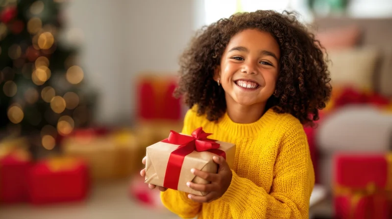 Young girl smiling while holding a wrapped gift in front of a christmas tree indoors