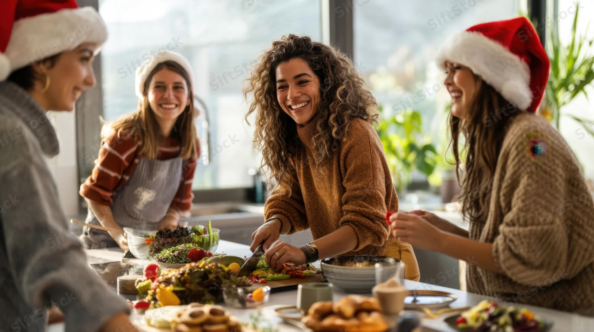 Four women in santa hats laughing and preparing a festive meal together in a modern kitchen