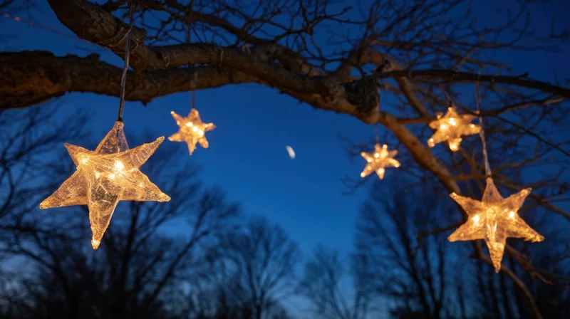 Glowing star-shaped lights hanging from bare tree branches against a dark blue night sky with a visible moon