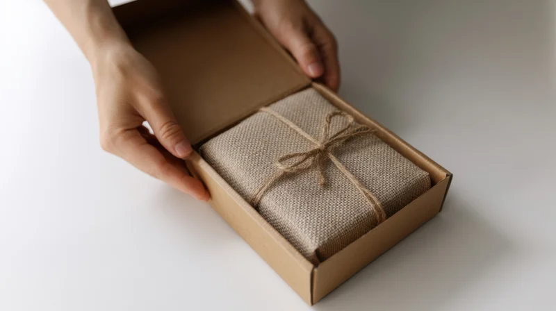 Hands opening a cardboard box to reveal a wrapped gift inside