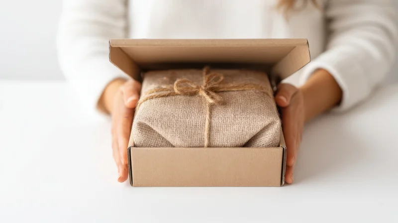Woman holding open cardboard box revealing wrapped gift inside