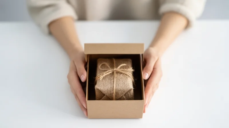 Woman holding open cardboard box with burlap-wrapped gift tied with twine on white table