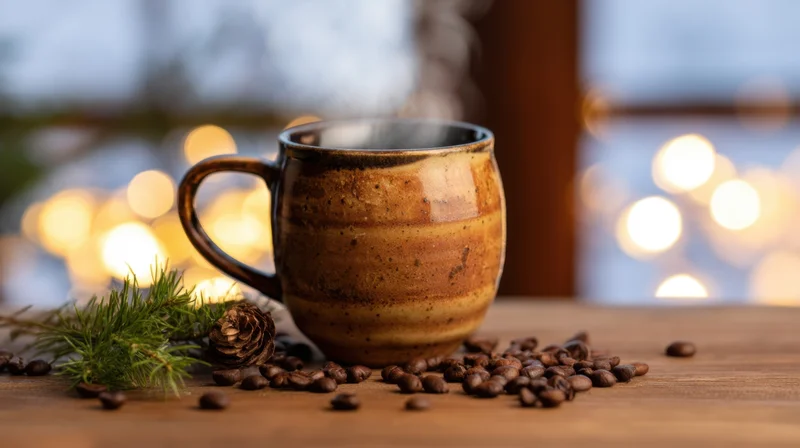 Rustic ceramic coffee mug steaming on wooden table with coffee beans and pinecone near festive lights