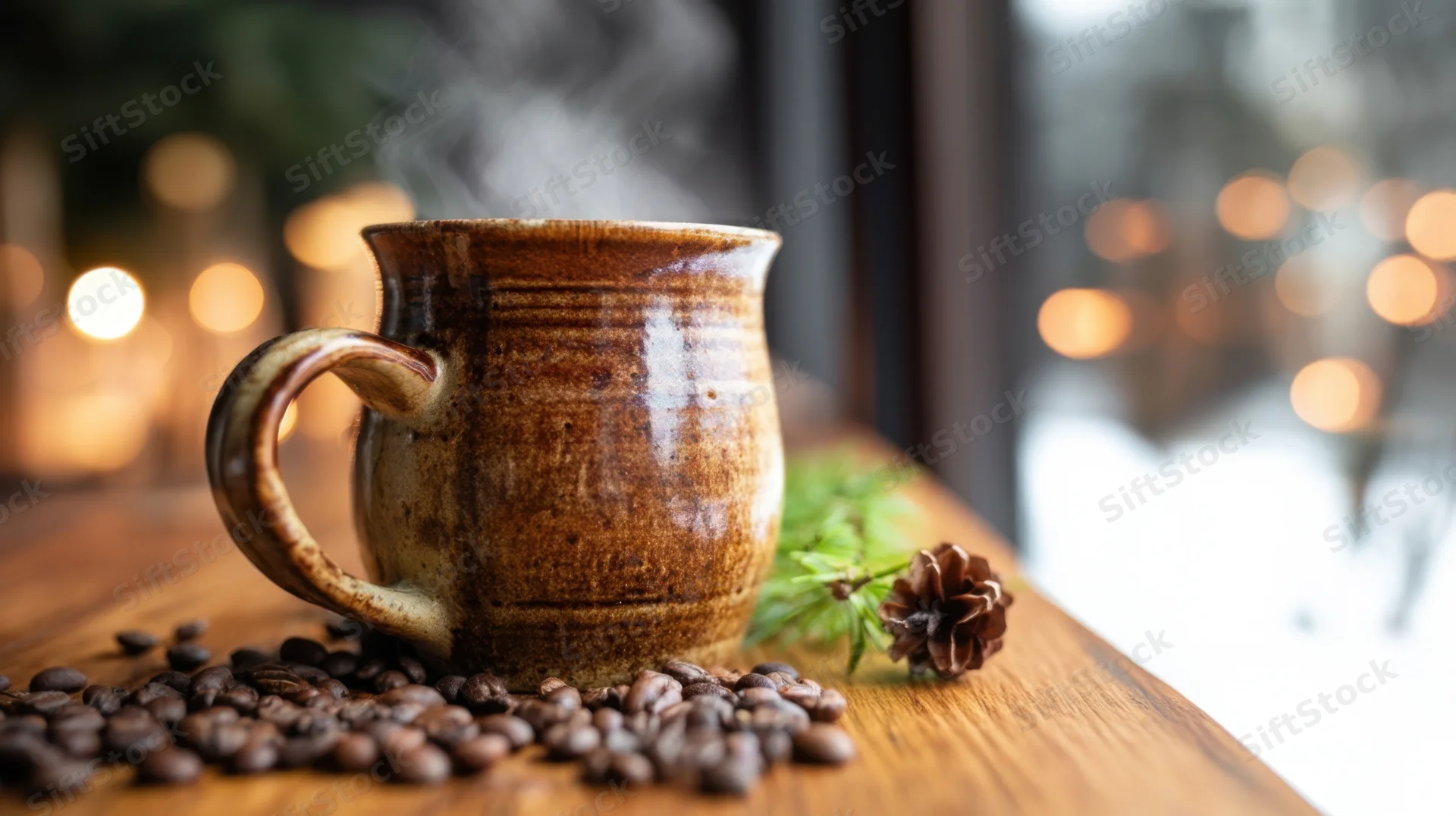 Steaming rustic ceramic coffee mug on wooden table with coffee beans and pinecone near window with snowy view and warm lights in background