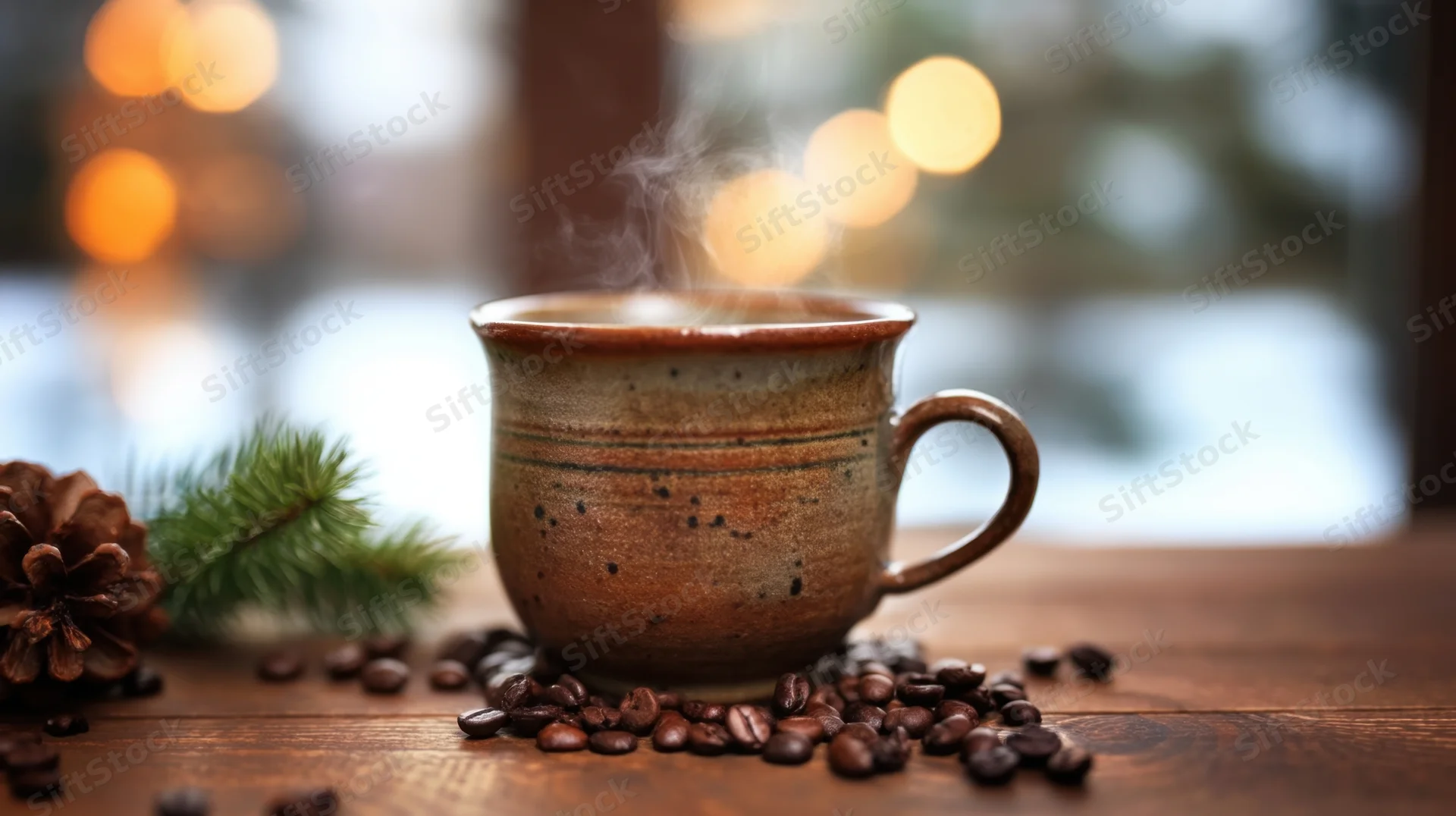 Steaming ceramic coffee mug on wooden table with scattered beans and pinecone near window with blurred lights