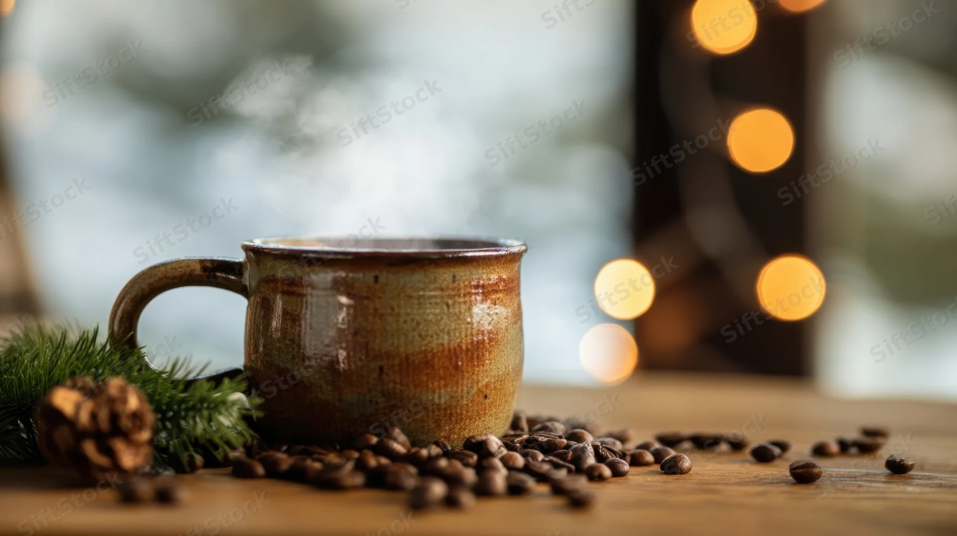 Rustic ceramic coffee mug with steam on wooden table surrounded by coffee beans and pinecone near holiday lights
