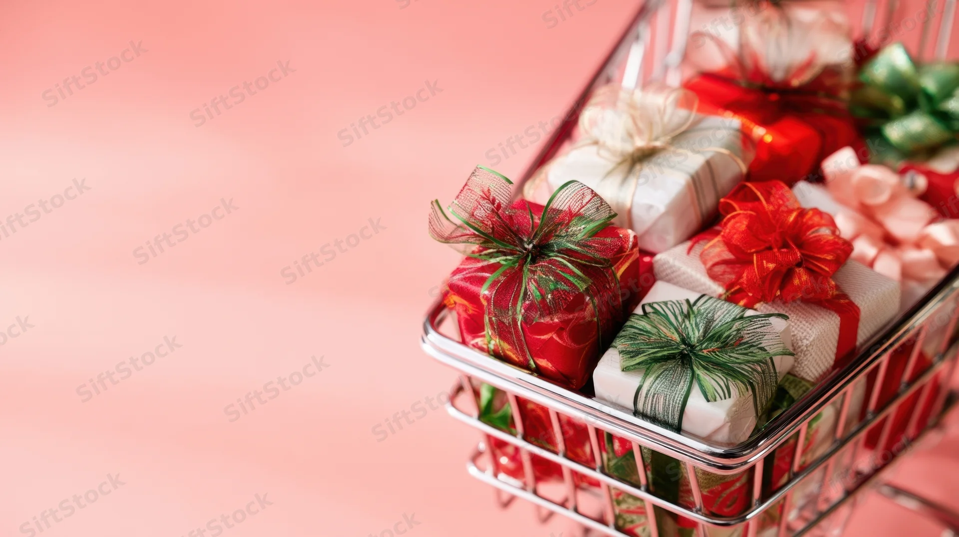 Shopping cart filled with wrapped gifts in red, white, and green on a pink background