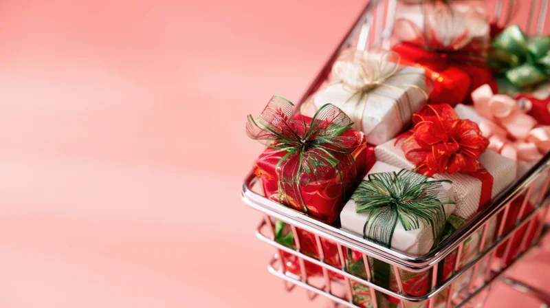 Shopping cart filled with wrapped gifts in red, white, and green on a pink background