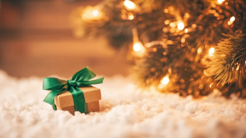 Small gift box with green ribbon on snowy surface near lit christmas tree