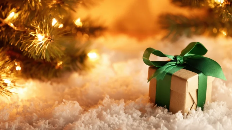 Small gift box wrapped in brown paper with green satin ribbon resting on snow near lit christmas tree branches