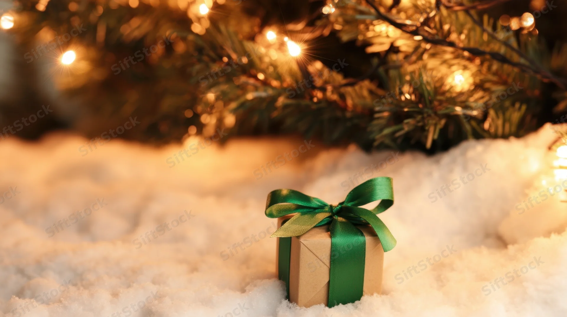 Small wrapped gift box with green satin ribbon sitting on snow under lit christmas tree