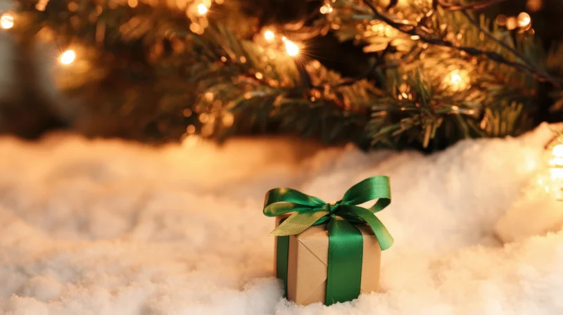 Small wrapped gift box with green satin ribbon sitting on snow under lit christmas tree