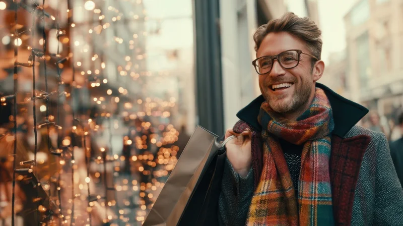 Smiling man in glasses and coat holding shopping bag on city street with festive lights in background
