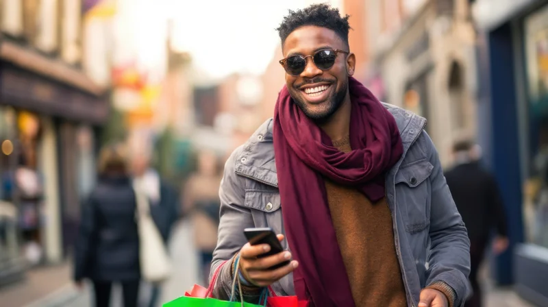 Smiling man in sunglasses holding phone and shopping bags on city street
