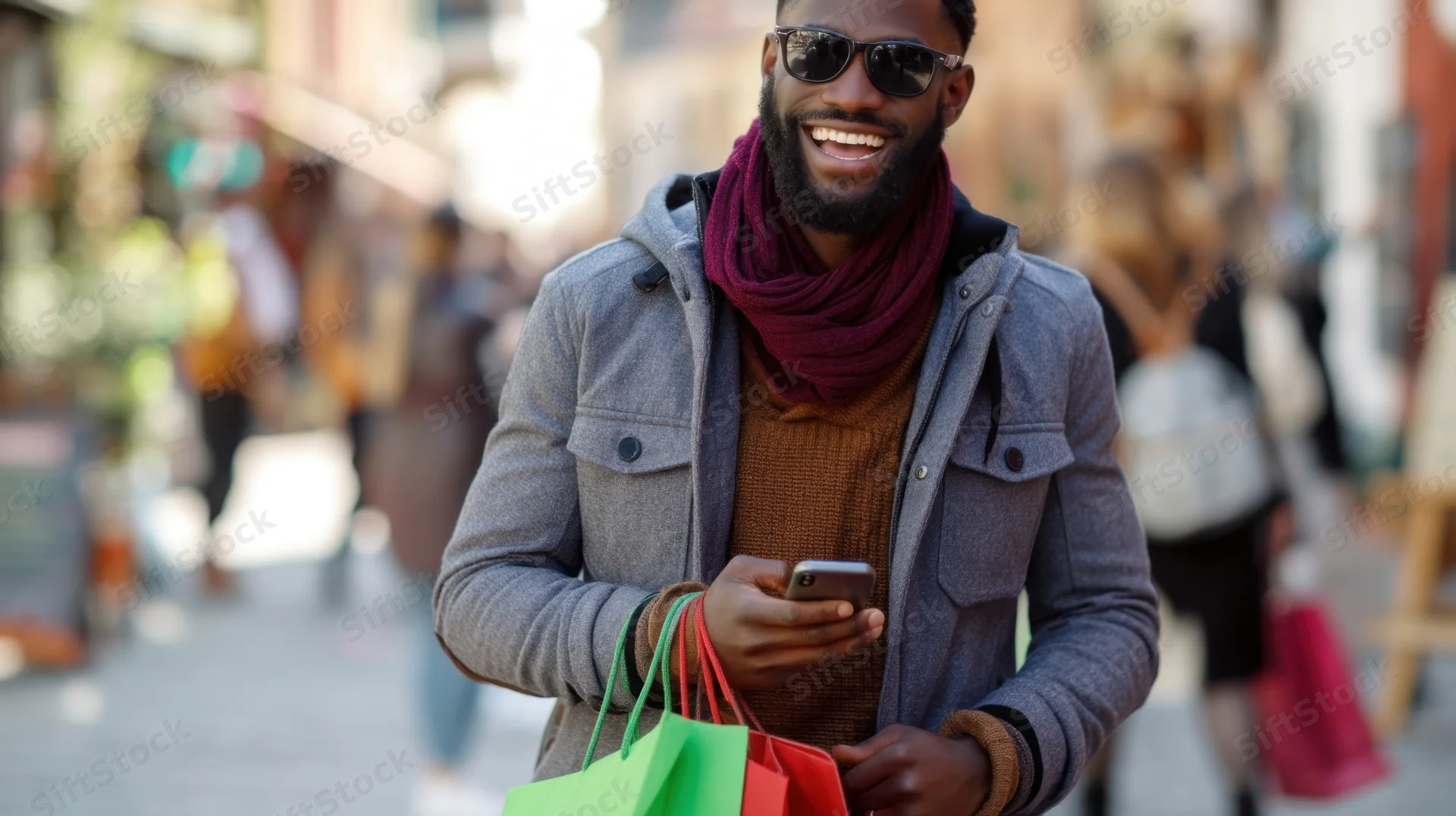 Smiling man in sunglasses holding shopping bags and phone while walking on city street