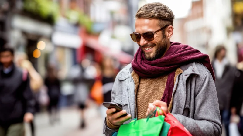 Smiling man with shopping bags and smartphone walking on city street