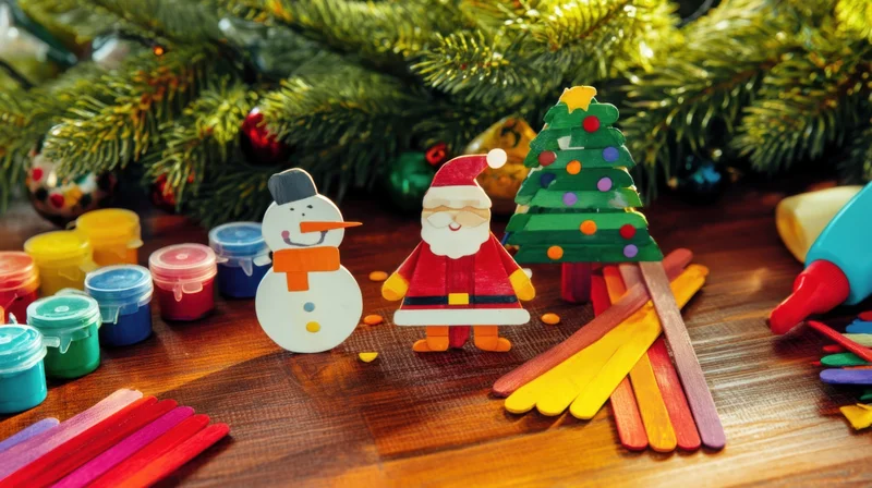 Handmade christmas decorations made from popsicle sticks on a wooden table with paint and glue nearby