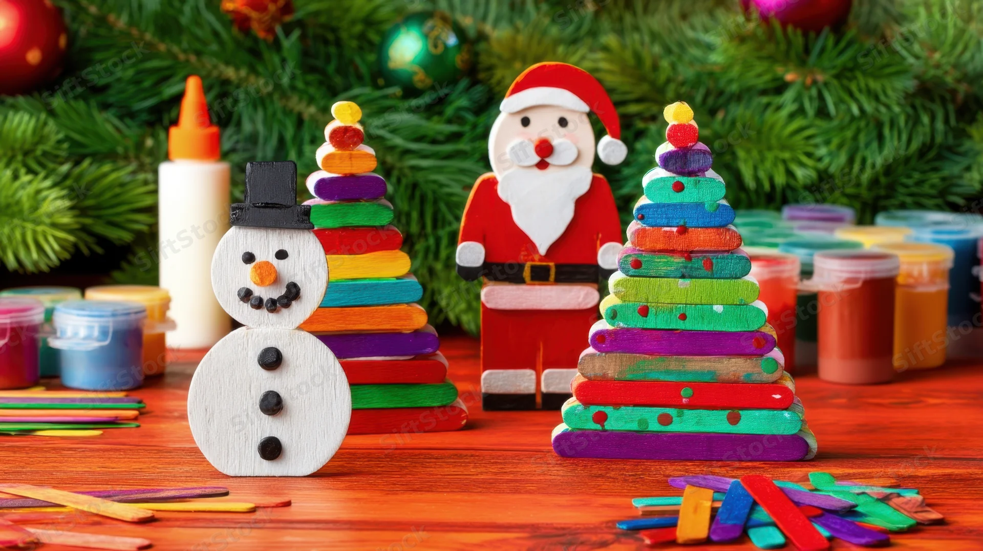 Wooden snowman and santa figure made from painted popsicle sticks on a table with craft supplies and christmas tree branches in background