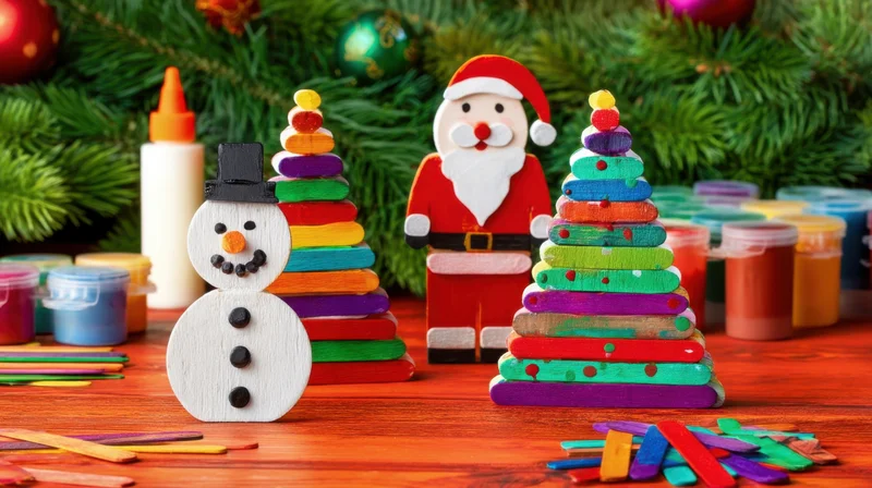 Wooden snowman and santa figure made from painted popsicle sticks on a table with craft supplies and christmas tree branches in background
