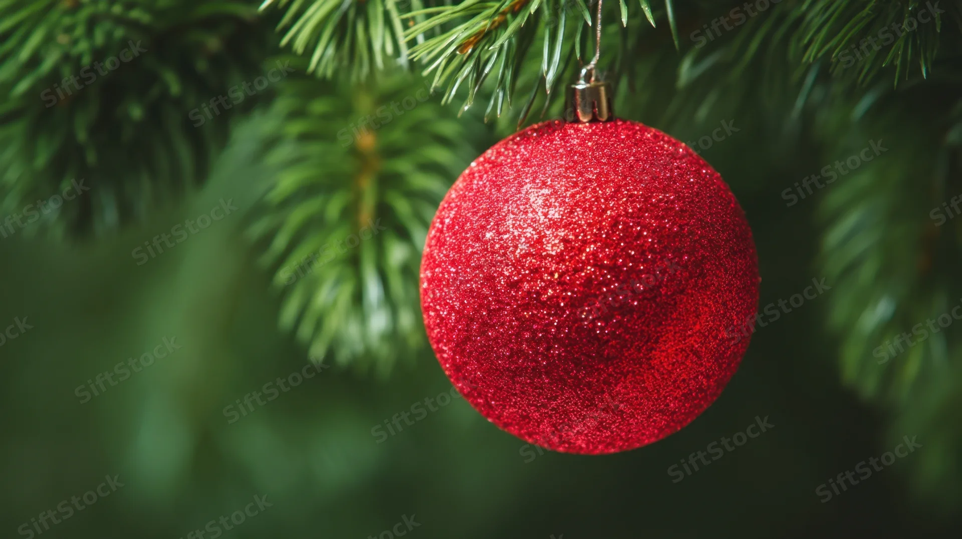 Red glittery christmas ornament hanging from pine tree branch