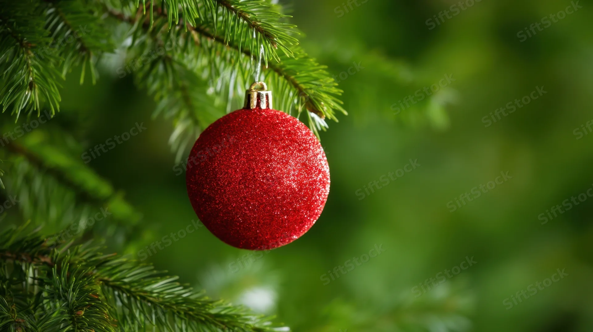 Red glittery christmas ornament hanging from pine tree branch