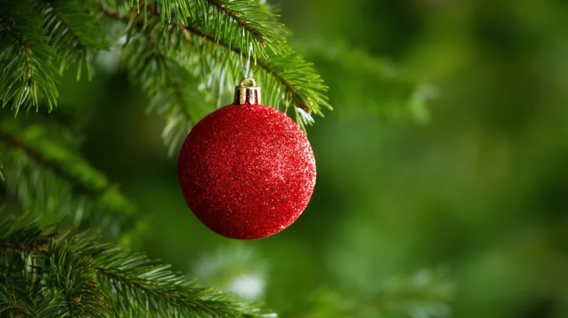 Red glittery christmas ornament hanging from pine tree branch