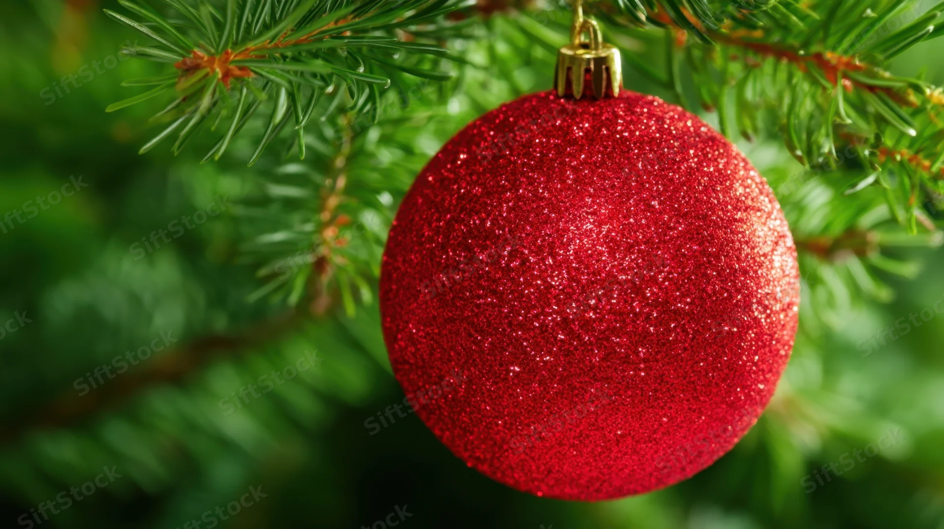 Red glittery christmas ornament hanging from a pine tree branch